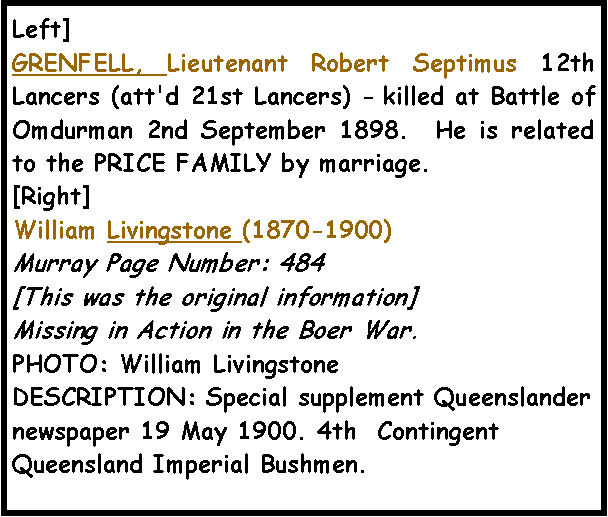 Text Box: Left] GRENFELL, Lieutenant Robert Septimus 12th Lancers (att'd 21st Lancers) - killed at Battle of Omdurman 2nd September 1898.  He is related to the PRICE FAMILY by marriage.[Right]  William Livingstone (1870-1900)Murray Page Number: 484 [This was the original information] Missing in Action in the Boer War.PHOTO: William LivingstoneDESCRIPTION: Special supplement Queenslander newspaper 19 May 1900. 4th  Contingent Queensland Imperial Bushmen.