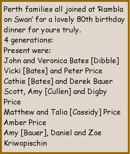 Text Box: Perth families all joined at �Rambla on Swan� for a lovely 80th birthday dinner for yours truly. 4 generations:Present were:John and Veronica Bates [ nee Dibble]Vicki [Bates] and Peter PriceCathie [Bates] and Derek BauerScott, Amy [Cullen] and Digby PriceMatthew and Talia [Cassidy] PriceAmber PriceAmy [Bauer], Daniel and Zoe Kriwopischin.