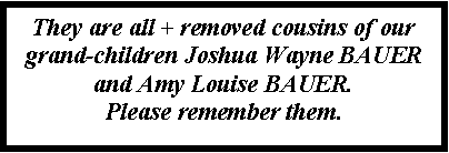 Text Box: They are all + removed cousins of our grand-children Joshua Wayne BAUER and Amy Louise BAUER. Please remember them.