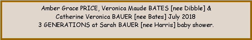 Text Box: Amber Grace PRICE, Veronica Maude BATES [nee Dibble] & Catherine Veronica BAUER [nee Bates] July 20183 GENERATIONS at Sarah BAUER [nee Harris] baby shower.