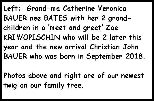 Text Box: Left:  Grand-ma Catherine Veronica BAUER nee BATES with her 2 grand-children in a �meet and greet� Zoe KRIWOPISCHIN who will be 2 later this year and the new arrival Christian John BAUER who was born in September 2018.Photos above and right are of our newest twig on our family tree.