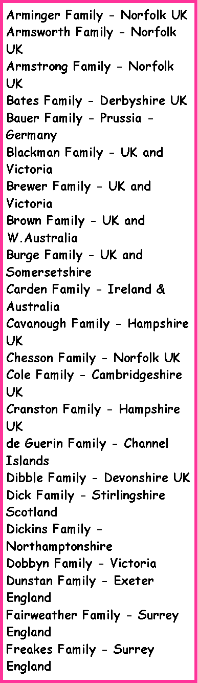 Text Box: Arminger Family - Norfolk UKArmsworth Family - Norfolk UKArmstrong Family - Norfolk UKBates Family - Derbyshire UKBauer Family - Prussia - GermanyBlackman Family - UK and VictoriaBrewer Family - UK and VictoriaBrown Family - UK and W.AustraliaBurge Family - UK and SomersetshireCarden Family - Ireland & AustraliaCavanough Family - Hampshire UKChesson Family - Norfolk UKCole Family - Cambridgeshire UKCranston Family - Hampshire UKde Guerin Family - Channel IslandsDibble Family - Devonshire UKDick Family - Stirlingshire ScotlandDickins Family - NorthamptonshireDobbyn Family - VictoriaDunstan Family - Exeter EnglandFairweather Family - Surrey EnglandFreakes Family - Surrey England