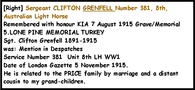 Text Box: [Right] Sergeant&nbsp;CLIFTON GRENFELL Number 381, 8th, Australian Light HorseRemembered with honour KIA 7 August 1915 Grave/Memorial 5.LONE PINE MEMORIAL TURKEYSgt. Clifton Grenfell 1891-1915was: Mention in DespatchesService Number 381  Unit 8th LH WW1 Date of London Gazette 5 November 1915.He is related to the PRICE family by marriage and a distant cousin to my grand-children.