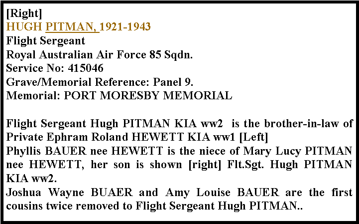 Text Box: [Right] HUGH PITMAN, 1921-1943Flight Sergeant Royal Australian Air Force 85 Sqdn.Service No: 415046 Grave/Memorial Reference: Panel 9. Memorial: PORT MORESBY MEMORIALFlight Sergeant Hugh PITMAN KIA ww2  is the brother-in-law of Private Ephram Roland HEWETT KIA ww1 [Left]Phyllis BAUER nee HEWETT is the niece of Mary Lucy PITMAN nee HEWETT, her son is shown [right] Flt.Sgt. Hugh PITMAN KIA ww2.Joshua Wayne BUAER and Amy Louise BAUER are the first cousins twice removed to Flight Sergeant Hugh PITMAN..
