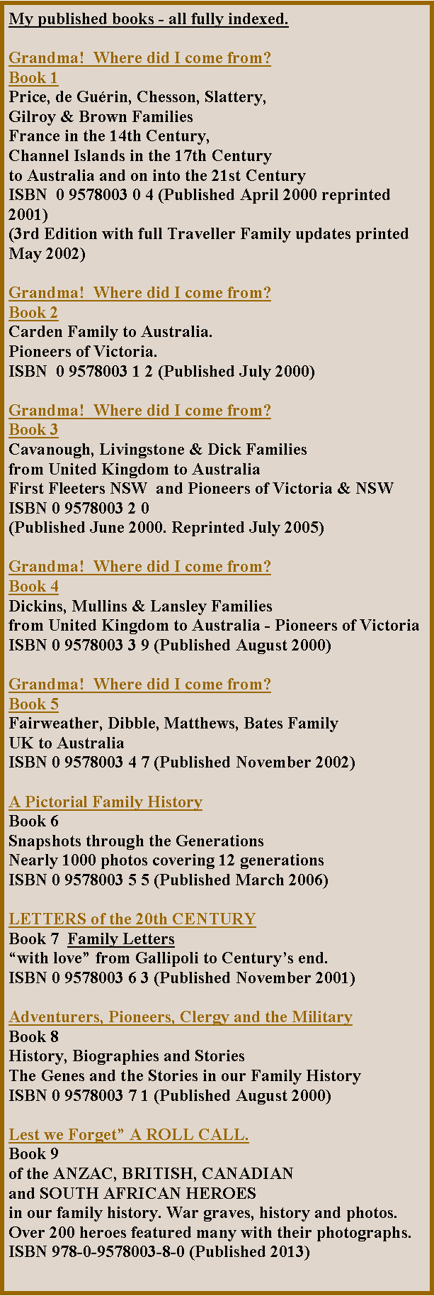 Text Box: My published books - all fully indexed.Grandma!  Where did I come from?Book 1Price, de Gu�rin, Chesson, Slattery, Gilroy & Brown Families France in the 14th Century, Channel Islands in the 17th Century to Australia and on into the 21st CenturyISBN  0 9578003 0 4 (Published April 2000 reprinted 2001)(3rd Edition with full Traveller Family updates printed May 2002) 	Grandma!  Where did I come from?Book 2Carden Family to Australia. Pioneers of Victoria. ISBN  0 9578003 1 2 (Published July 2000) Grandma!  Where did I come from?Book 3Cavanough, Livingstone & Dick Families from United Kingdom to AustraliaFirst Fleeters NSW  and Pioneers of Victoria & NSWISBN 0 9578003 2 0 (Published June 2000. Reprinted July 2005)Grandma!  Where did I come from?Book 4Dickins, Mullins & Lansley Familiesfrom United Kingdom to Australia - Pioneers of VictoriaISBN 0 9578003 3 9 (Published August 2000)Grandma!  Where did I come from?Book 5Fairweather, Dibble, Matthews, Bates Family UK to AustraliaISBN 0 9578003 4 7 (Published November 2002)A Pictorial Family HistoryBook 6Snapshots through the GenerationsNearly 1000 photos covering 12 generationsISBN 0 9578003 5 5 (Published March 2006) LETTERS of the 20th CENTURYBook 7  Family Letters�with love� from Gallipoli to Century�s end.ISBN 0 9578003 6 3 (Published November 2001)Adventurers, Pioneers, Clergy and the MilitaryBook 8History, Biographies and StoriesThe Genes and the Stories in our Family HistoryISBN 0 9578003 7 1 (Published August 2000)Lest we Forget� A ROLL CALL.Book 9of the ANZAC, BRITISH, CANADIAN and SOUTH AFRICAN HEROESin our family history. War graves, history and photos.Over 200 heroes featured many with their photographs.ISBN 978-0-9578003-8-0 (Published 2013)
