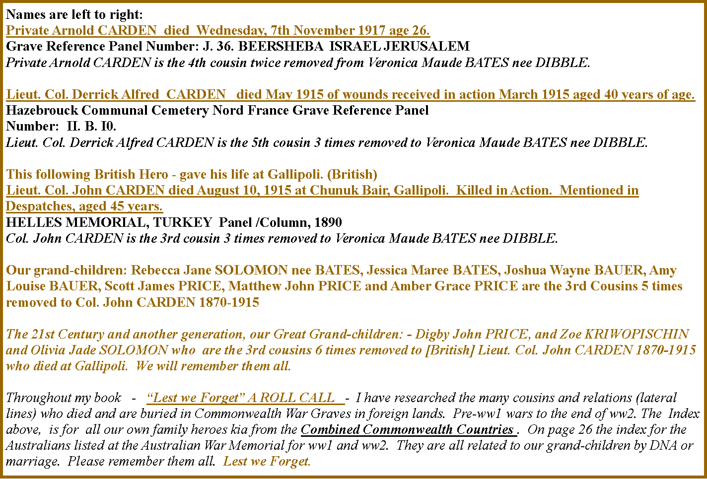 Text Box: Names are left to right:Private Arnold CARDEN  died  Wednesday, 7th November 1917 age 26.Grave Reference Panel Number: J. 36. BEERSHEBA  ISRAEL JERUSALEMPrivate Arnold CARDEN is the 4th cousin twice removed from Veronica Maude BATES nee DIBBLE.  Lieut. Col. Derrick Alfred  CARDEN   died May 1915 of wounds received in action March 1915 aged 40 years of age.Hazebrouck Communal Cemetery Nord France Grave Reference Panel Number:  II. B. I0.Lieut. Col. Derrick Alfred CARDEN is the 5th cousin 3 times removed to Veronica Maude BATES nee DIBBLE.This following British Hero - gave his life at Gallipoli. (British)Lieut. Col. John CARDEN died August 10, 1915 at Chunuk Bair, Gallipoli.  Killed in Action.  Mentioned in Despatches, aged 45 years.HELLES MEMORIAL, TURKEY  Panel /Column, 1890Col. John CARDEN is the 3rd cousin 3 times removed to Veronica Maude BATES nee DIBBLE. Our grand-children: Rebecca Jane SOLOMON nee BATES, Jessica Maree BATES, Joshua Wayne BAUER, Amy Louise BAUER, Scott James PRICE, Matthew John PRICE and Amber Grace PRICE are the 3rd Cousins 5 times removed to Col. John CARDEN 1870-1915 The 21st Century and another generation, our Great Grand-children: - Digby John PRICE, and Zoe KRIWOPISCHIN and Olivia Jade SOLOMON who  are the 3rd cousins 6 times removed to [British] Lieut. Col. John CARDEN 1870-1915 who died at Gallipoli.  We will remember them all.Throughout my book   -   �Lest we Forget� A ROLL CALL   -  I have researched the many cousins and relations (lateral lines) who died and are buried in Commonwealth War Graves in foreign lands.  Pre-ww1 wars to the end of ww2. The  Index  above,  is for  all our own family heroes kia from the Combined Commonwealth Countries .  On page 26 the index for the Australians listed at the Australian War Memorial for ww1 and ww2.  They are all related to our grand-children by DNA or marriage.  Please remember them all.  Lest we Forget.